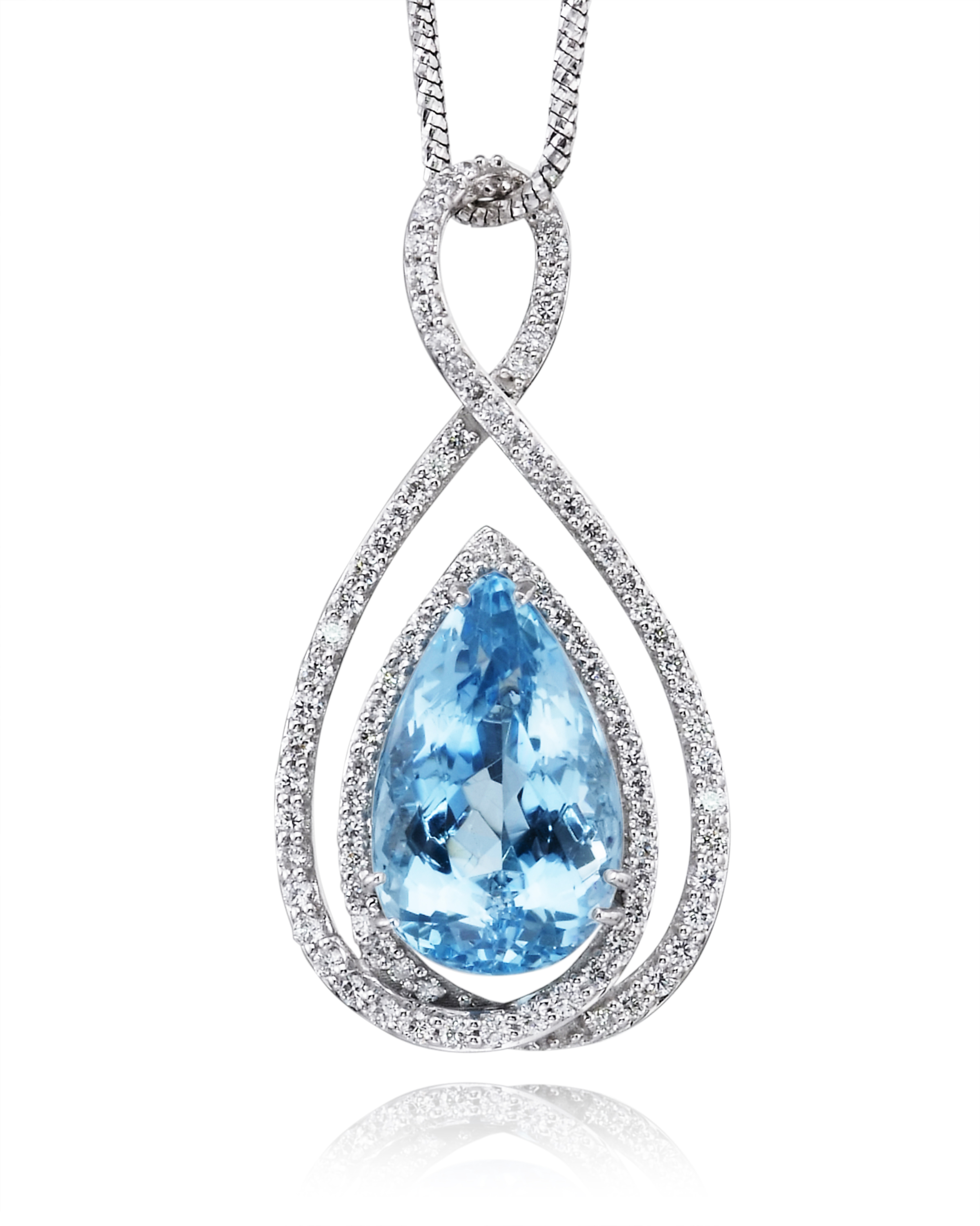 Pear-shaped aquamarine pendant suspended inside a looping double frame of diamonds