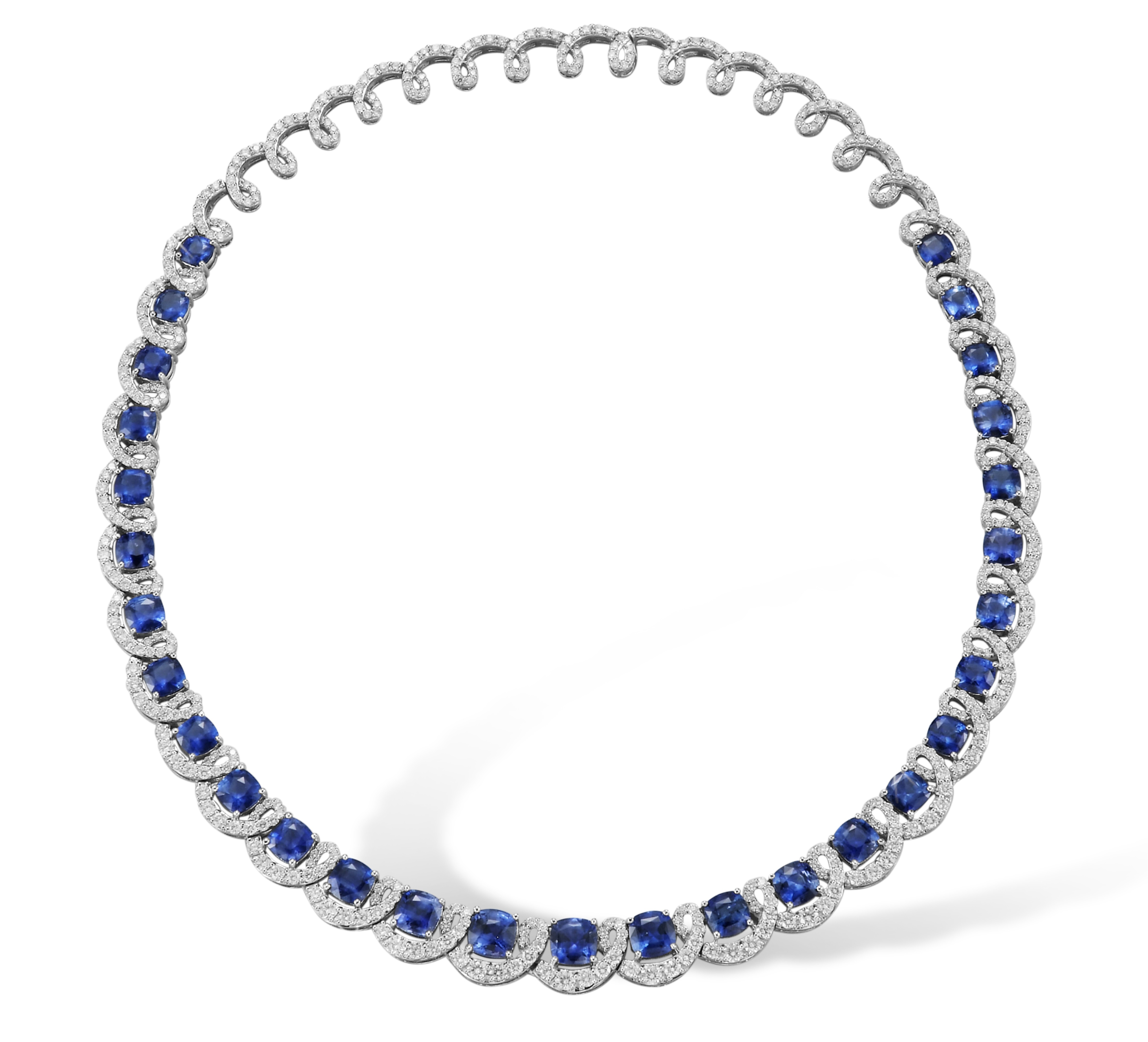 Circular collar necklace alternating round blue sapphires with diamonds