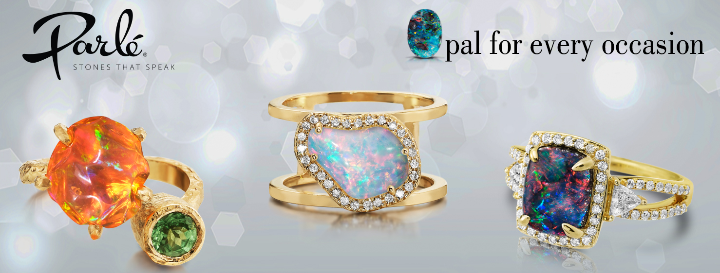 Parle banner reading An opal for every occasion, showing three opal rings in yellow gold