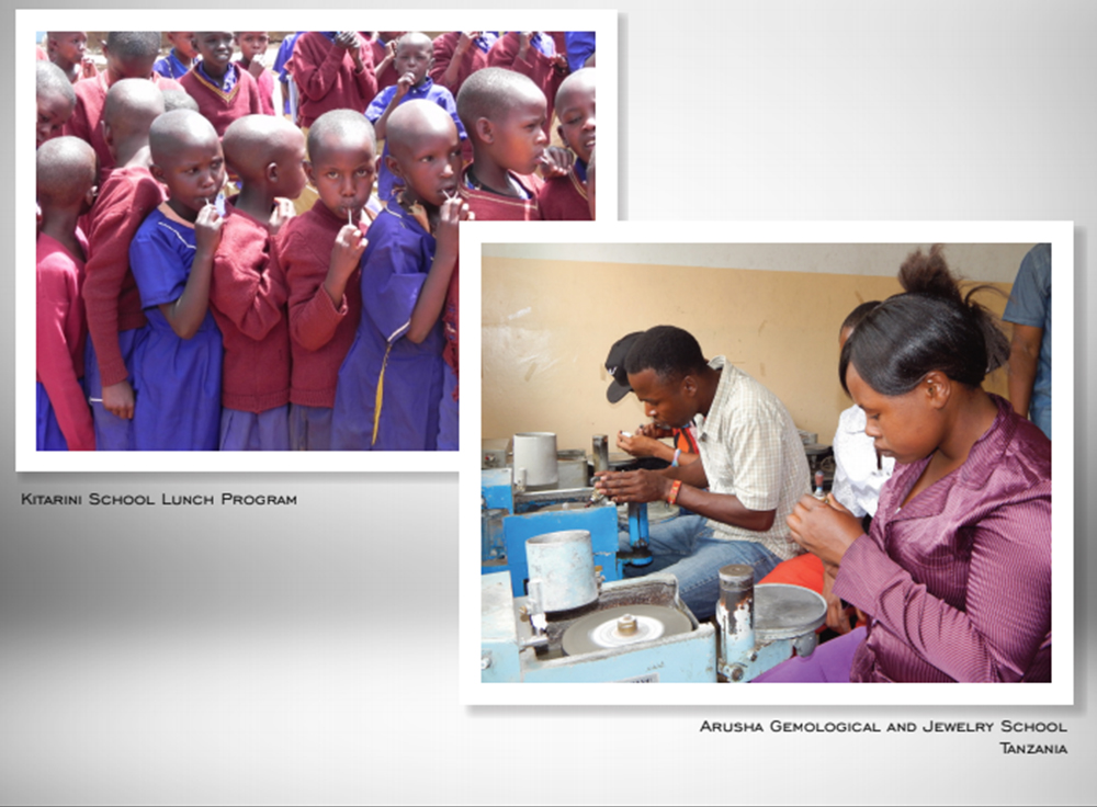 Two photographs: children queuing at the Kitarini school lunch programme, and students at work in the Arusha Gemological and Jewelry School in Tanzania