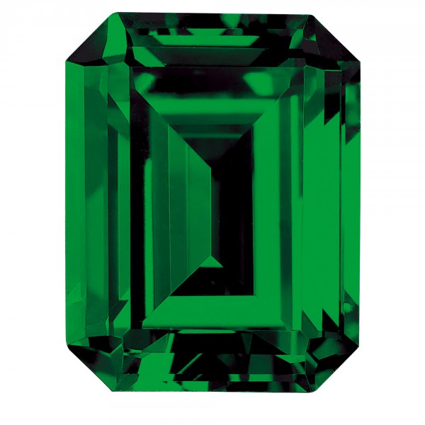 Illustration of a step-cut green emerald showing the rectangular emerald cut with its clipped corners