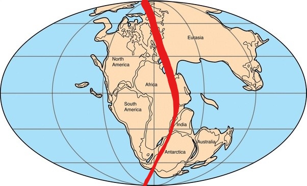 Map of the supercontinent Pangea with a red line drawn along the collision zone where ruby deposits formed