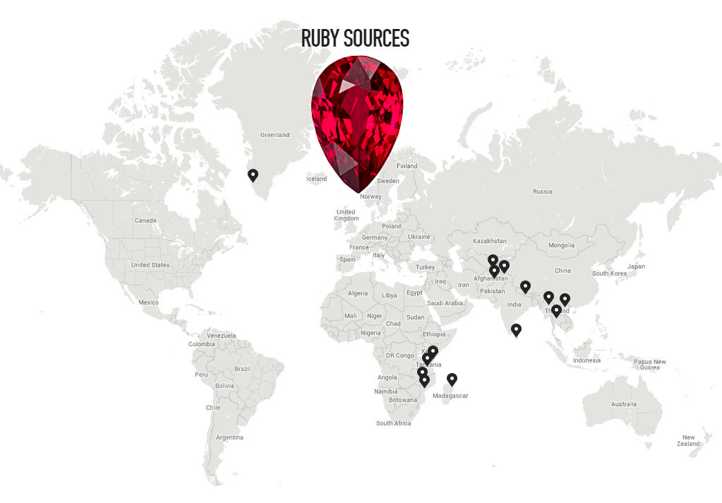 World map with markers on the main ruby producing countries, concentrated in East Africa and Southeast Asia