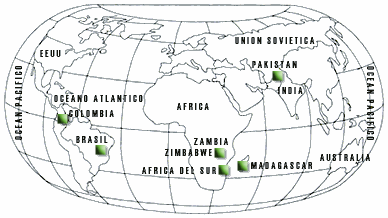 Outline world map with green markers on the emerald producing countries, including Colombia, Brazil, Zambia, Zimbabwe, Madagascar and Pakistan