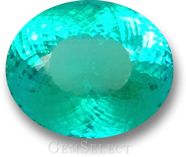A large oval Paraiba tourmaline in its characteristic neon blue-green