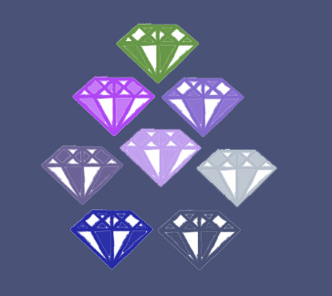 Graphic showing the tanzanite colour range as a spray of gem shapes, from green and lilac through to deep violet blue