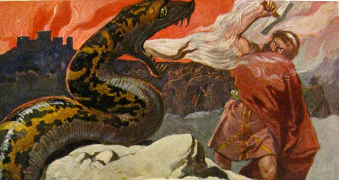 Classical painting of a robed figure recoiling from a giant serpent