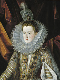 Portrait of a Spanish queen in a lace ruff and a gown heavily set with pearls