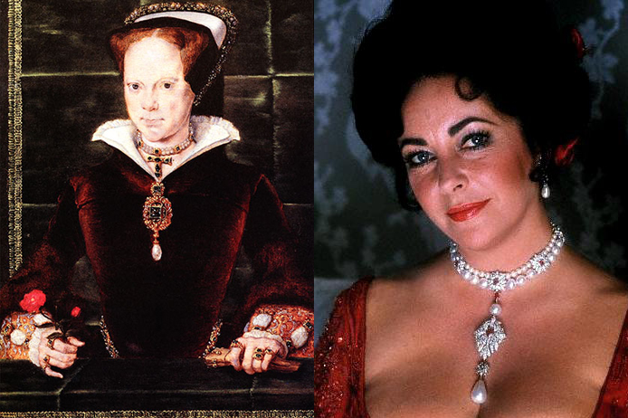 Two portraits side by side showing the La Peregrina pearl worn centuries apart, by Mary I of England and by Elizabeth Taylor