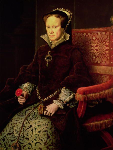 Portrait of Mary I of England in a dark velvet gown, wearing the La Peregrina pearl as a pendant